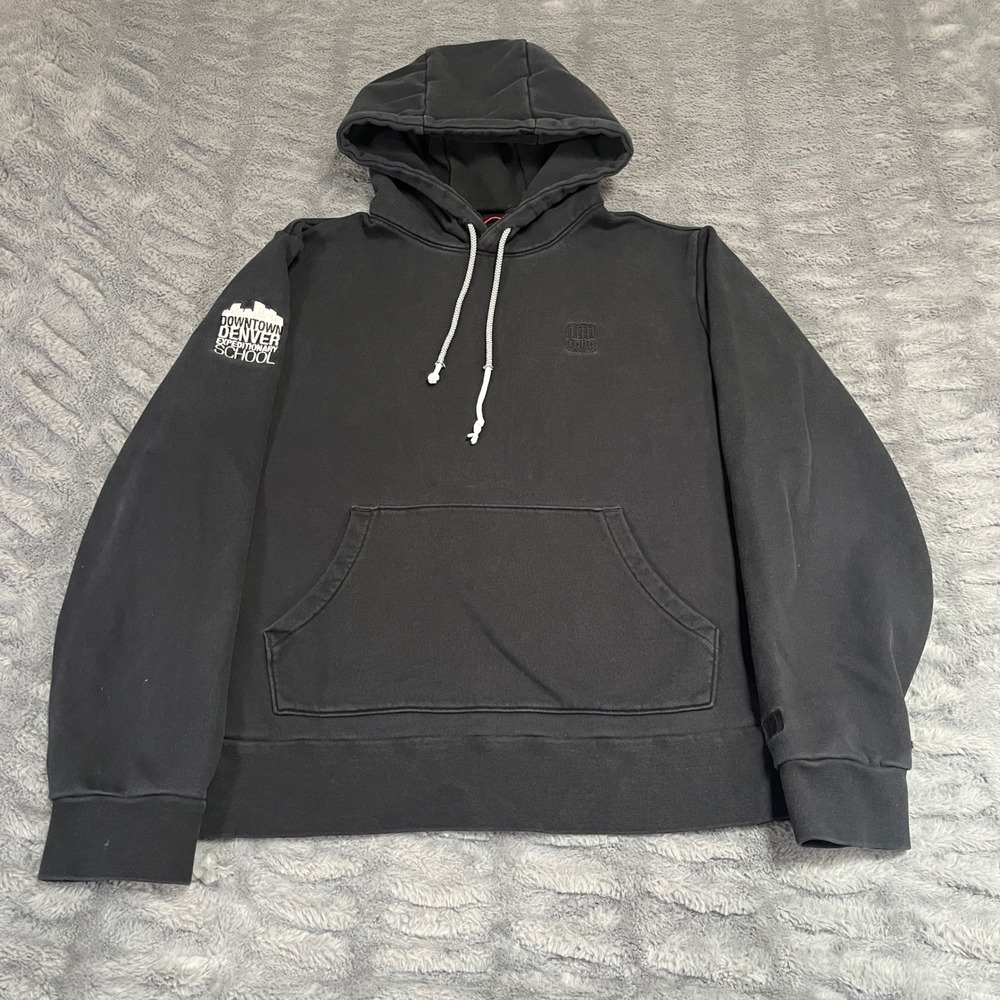 Topo Designs Mens Black Organic Cotton Hoodie Sweatshirt Denver School Size M